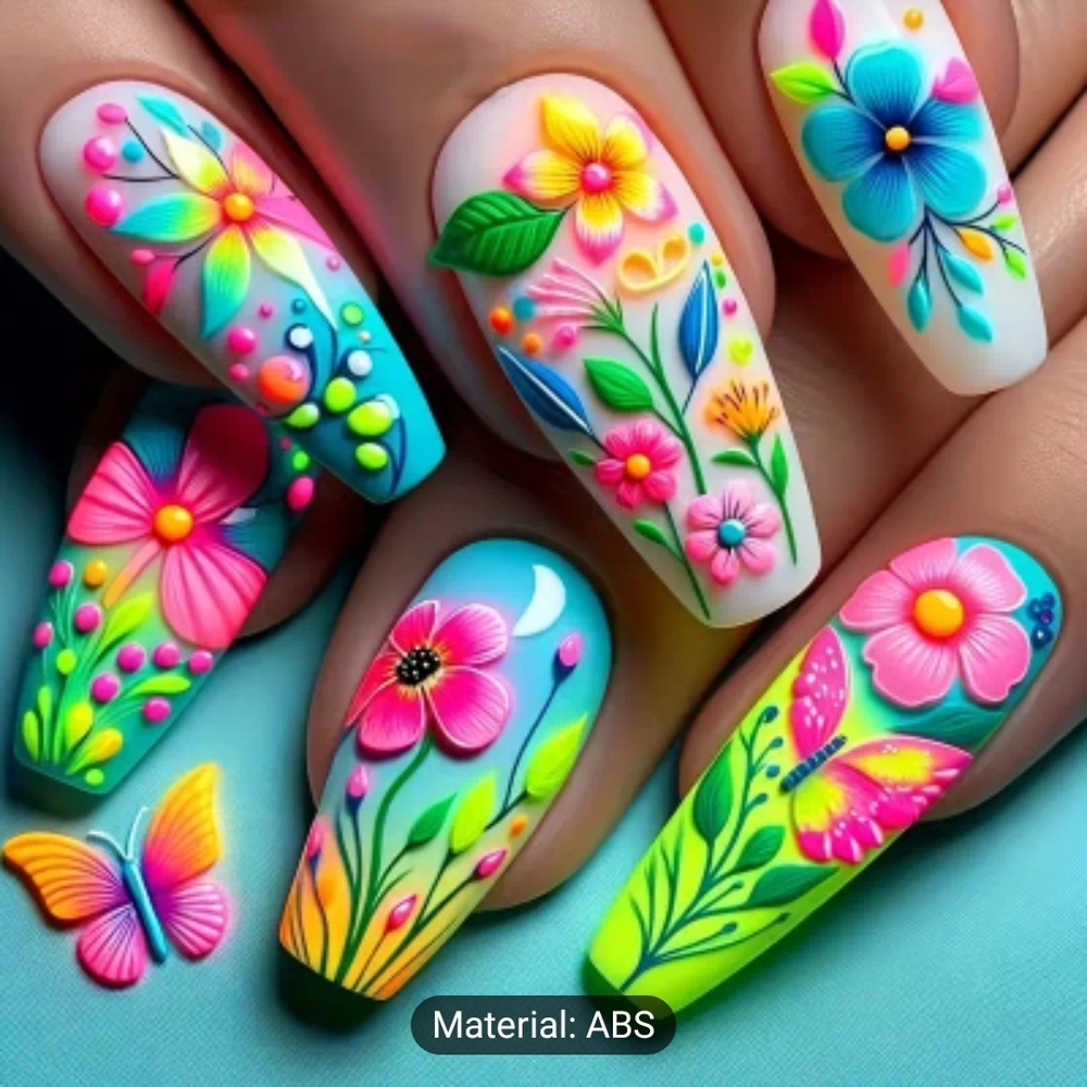 🌷NWT Set of 24 reusable press-on nails in various sizes Spring Floral Colorful